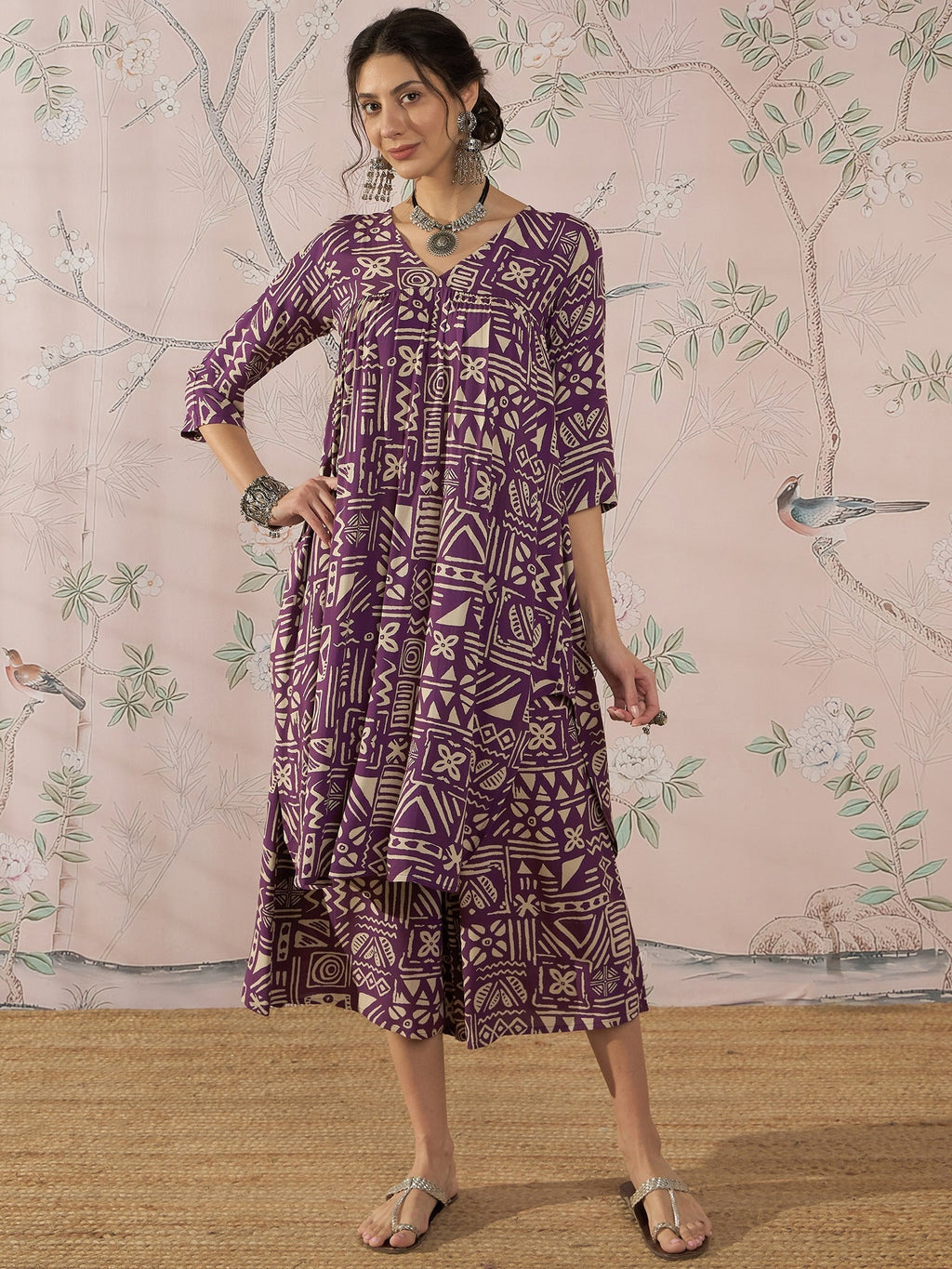 InWeave Dusty Mauve Ethnic Flared Kurta Set | Grocsy