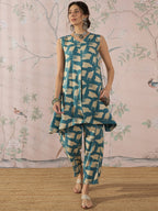 InWeave Marin Teal Beige Slit Kurta Set | Grocsy