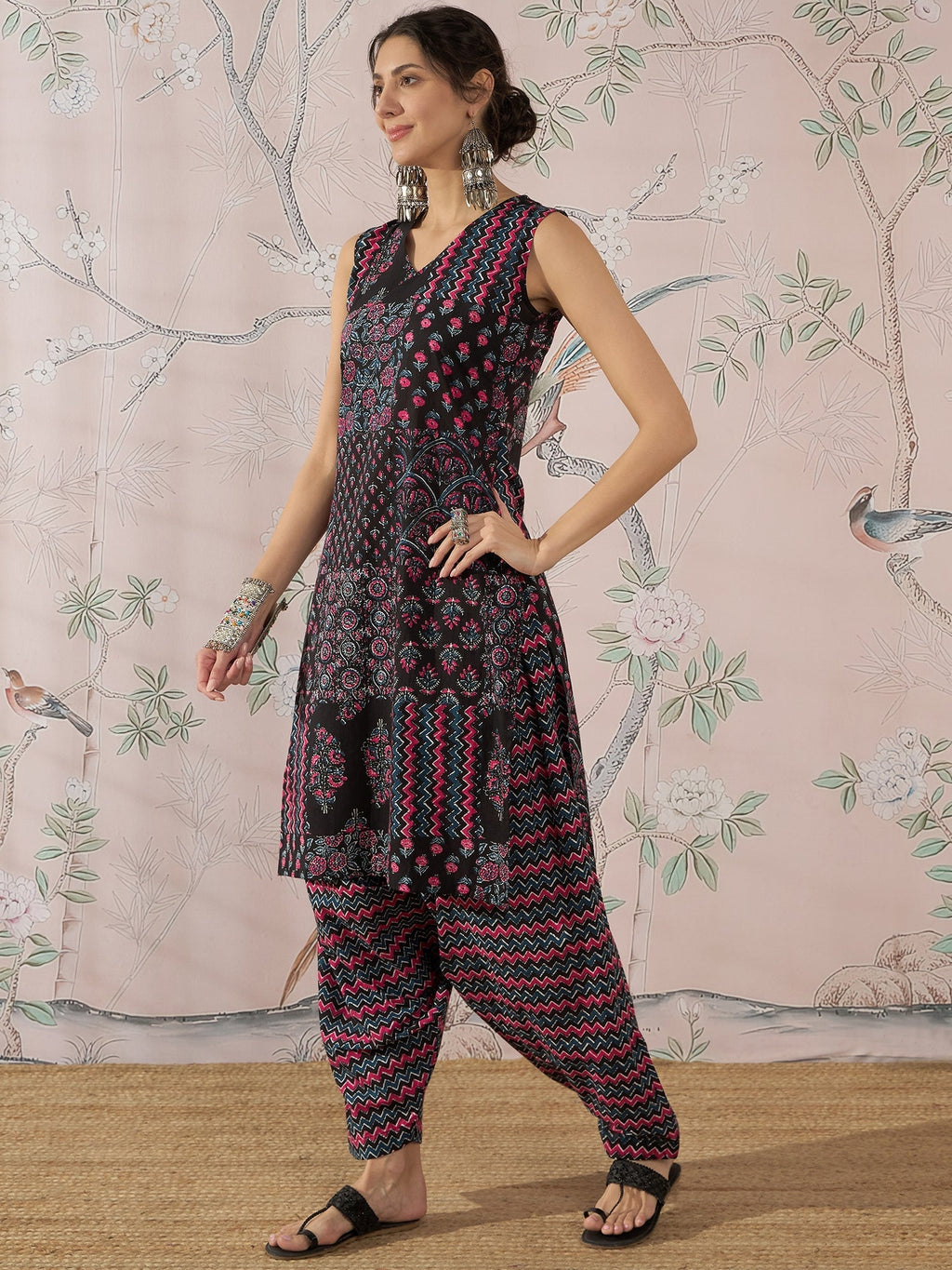 InWeave Black Pink Kurta Dhoti Set | Grocsy