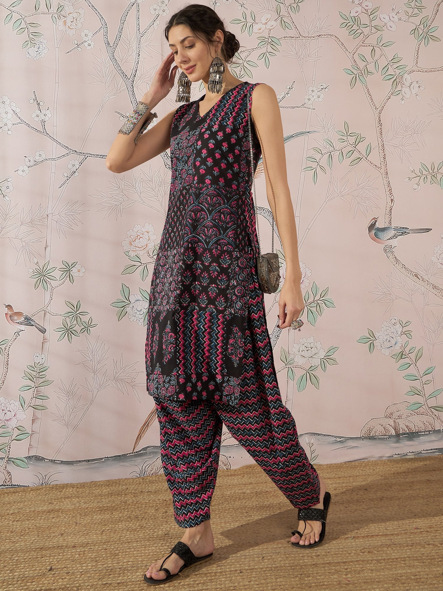 InWeave Black Pink Kurta Dhoti Set | Grocsy
