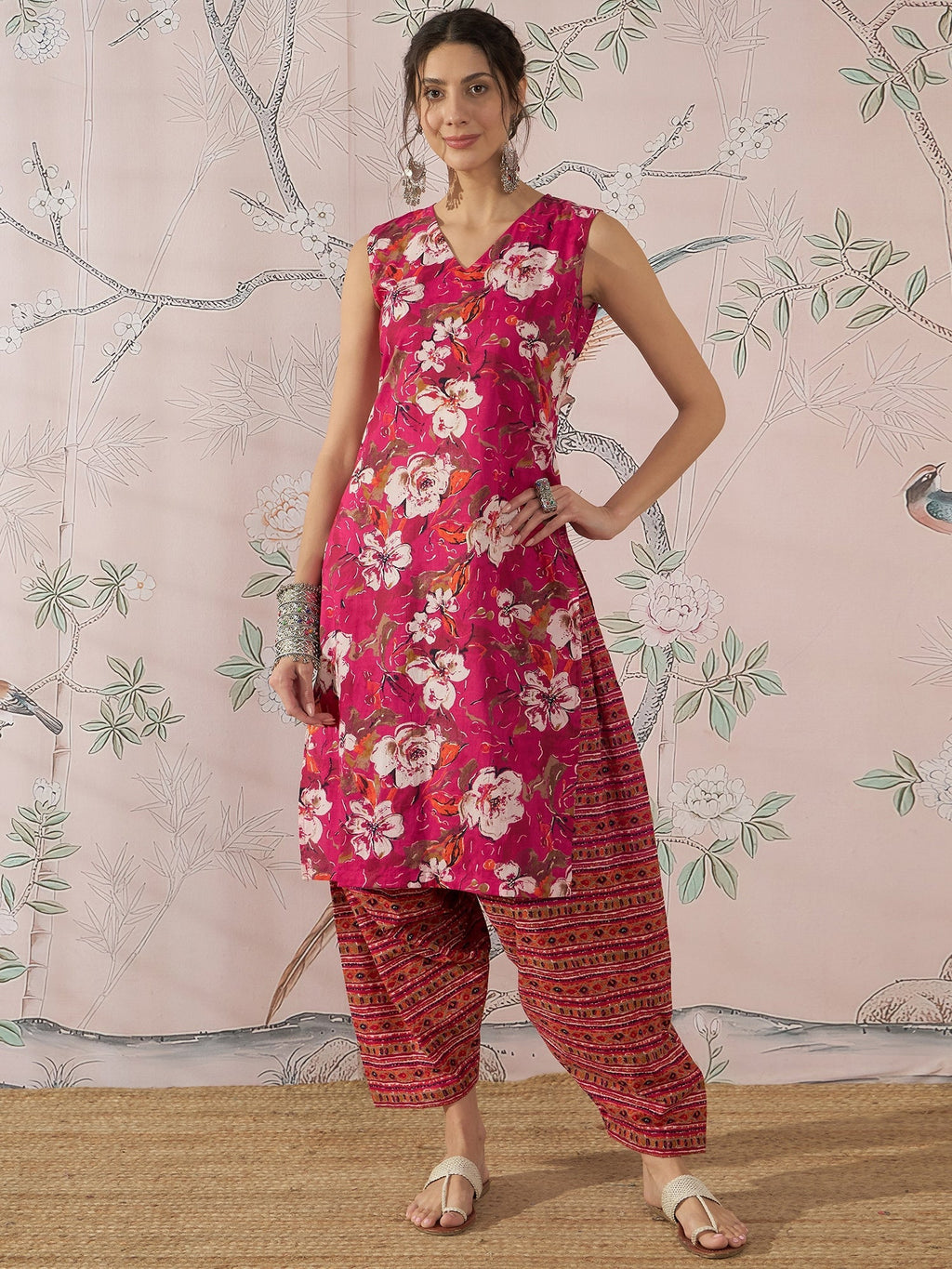 InWeave Dark Pink Cream Kurta Dhoti Set | Grocsy