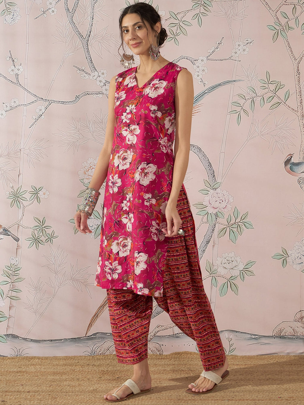 InWeave Dark Pink Cream Kurta Dhoti Set | Grocsy