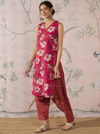 InWeave Dark Pink Cream Kurta Dhoti Set | Grocsy