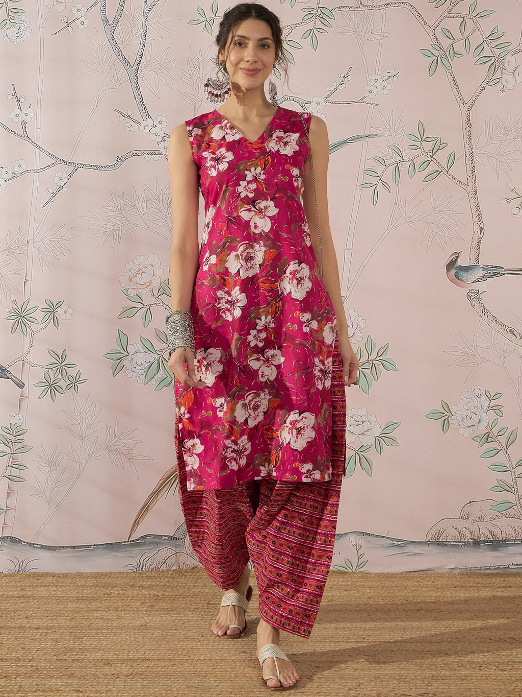 InWeave Dark Pink Cream Kurta Dhoti Set | Grocsy