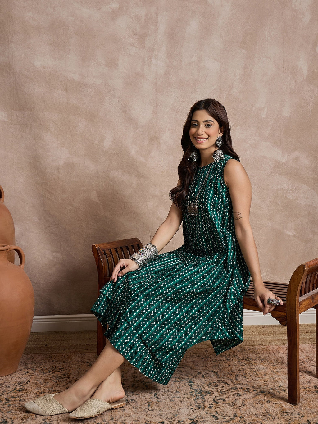 InWeave Teal Zig Zag Round Neck Kurta Set | Grocsy