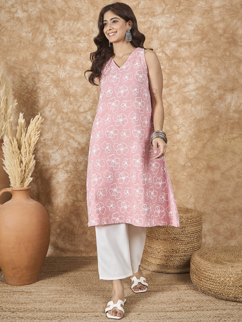 InWeave Pastel Peach V Neck Aline Kurta Set | Grocsy