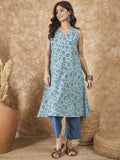 InWeave Mint Blue V Neck Aline Kurta Set | Grocsy