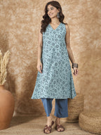 InWeave Mint Blue V Neck Aline Kurta Set | Grocsy