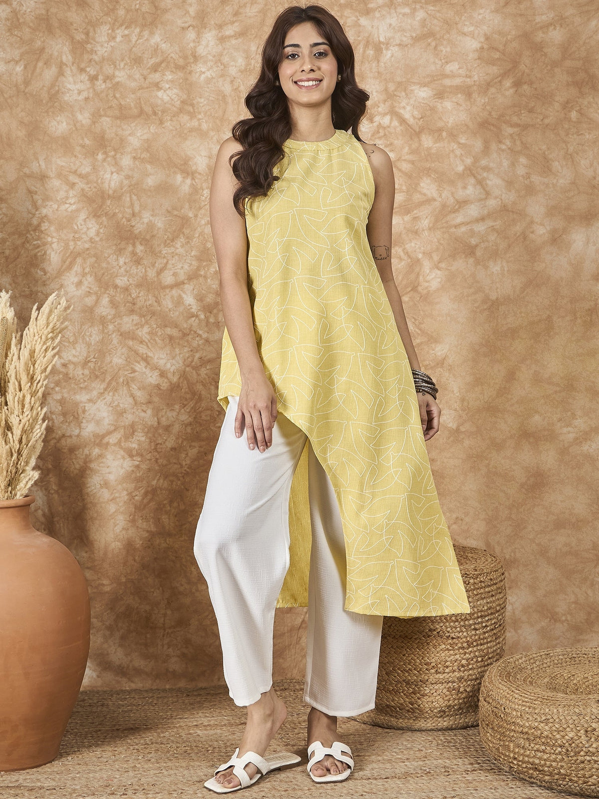 InWeave Light Yellow Side Asymmetric Kurta Set | Grocsy