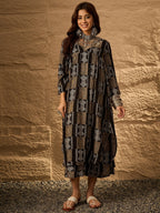 InWeave Black Golden Beige V-Flared Kurta Set | Grocsy