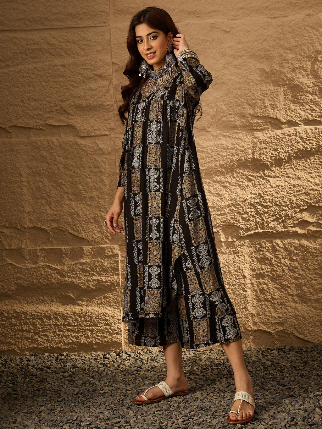 InWeave Black Golden Beige V-Flared Kurta Set | Grocsy