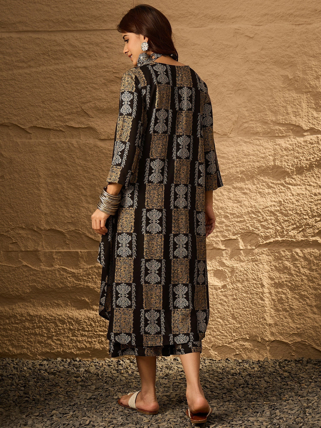 InWeave Black Golden Beige V-Flared Kurta Set | Grocsy