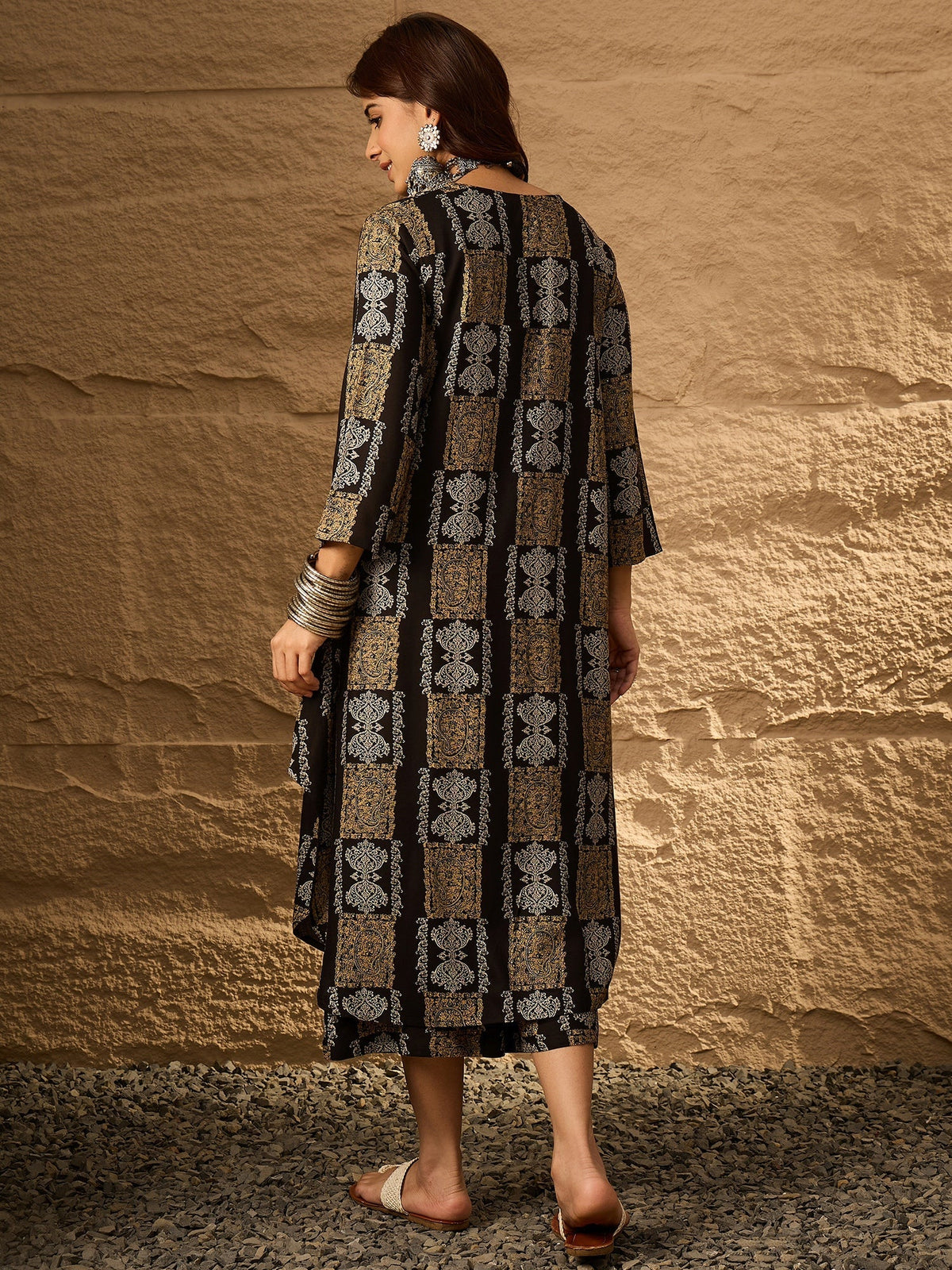 InWeave Black Golden Beige V-Flared Kurta Set | Grocsy
