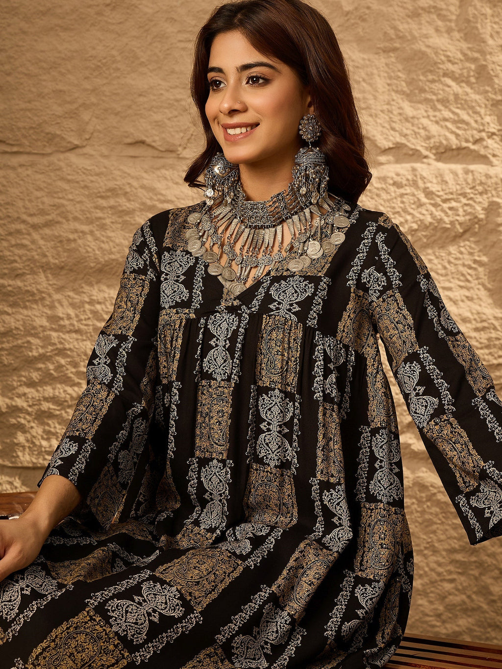 InWeave Black Golden Beige V-Flared Kurta Set | Grocsy