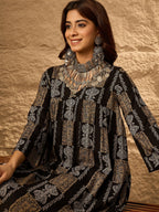 InWeave Black Golden Beige V-Flared Kurta Set | Grocsy