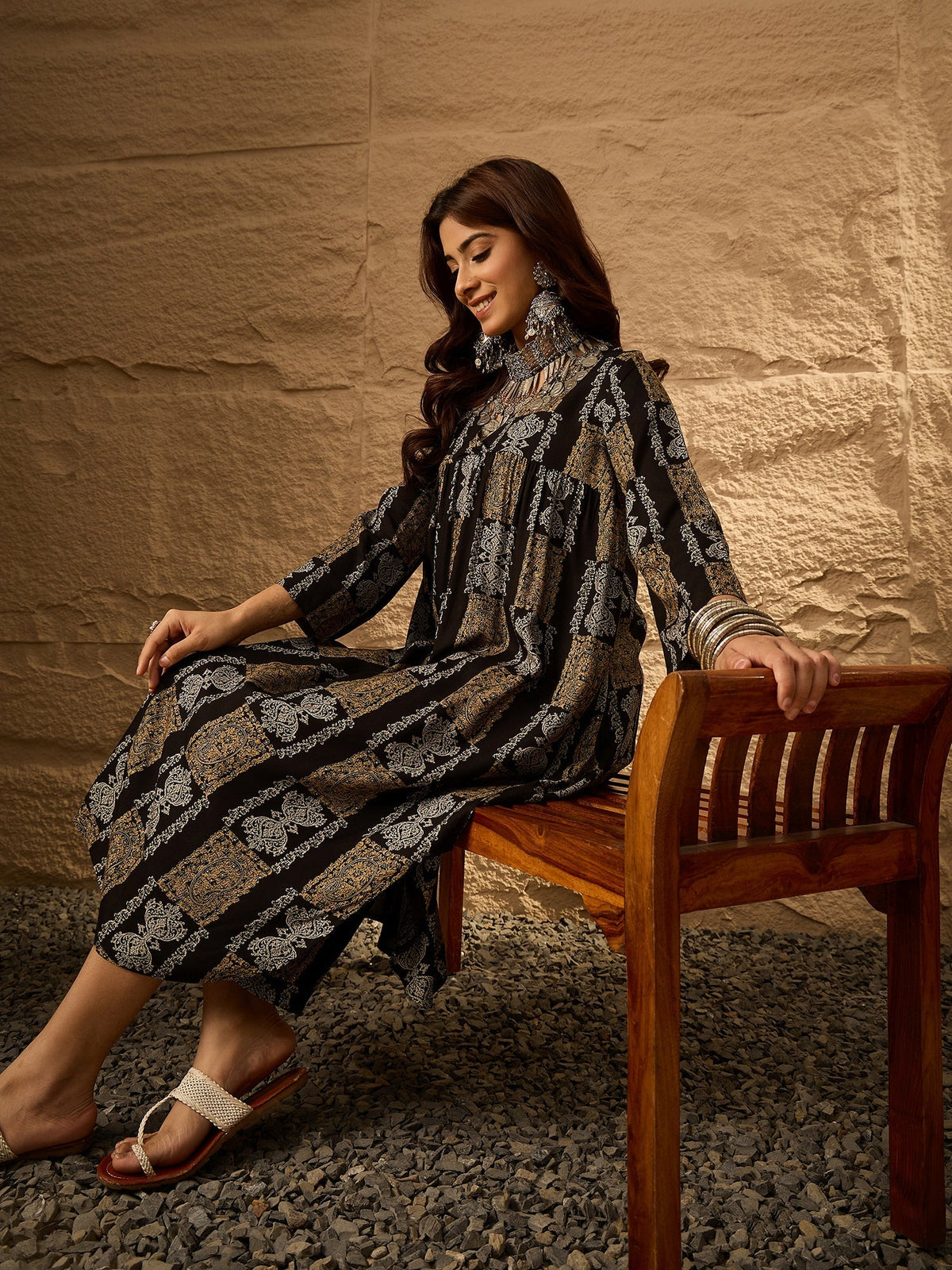 InWeave Black Golden Beige V-Flared Kurta Set | Grocsy