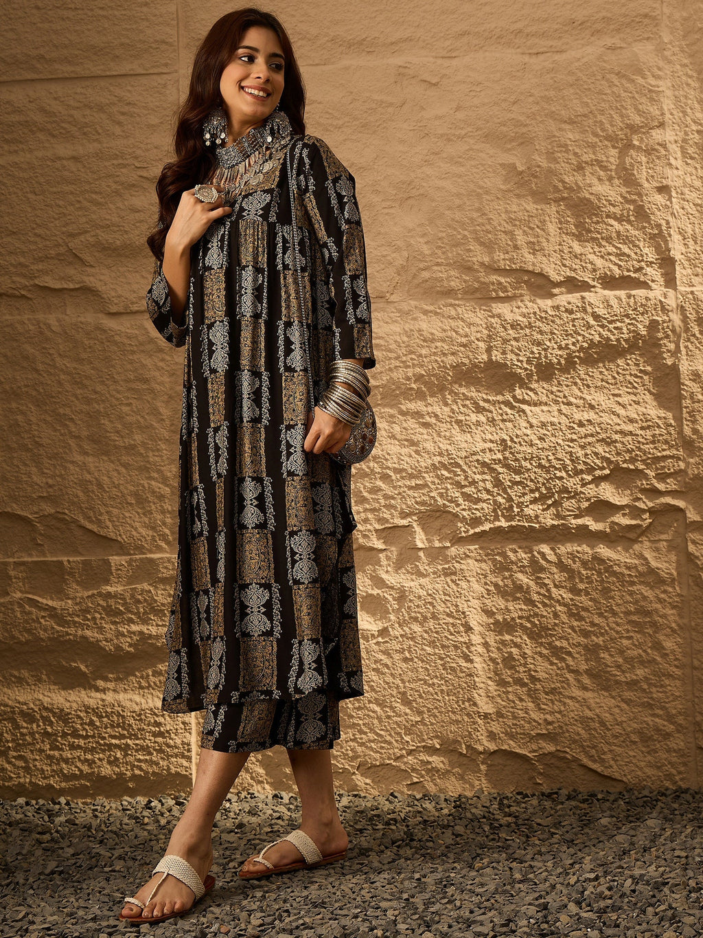 InWeave Black Golden Beige V-Flared Kurta Set | Grocsy