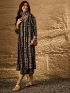 InWeave Black Golden Beige V-Flared Kurta Set | Grocsy
