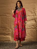 InWeave Fuchsia Orange V-Flared Kurta Set | Grocsy
