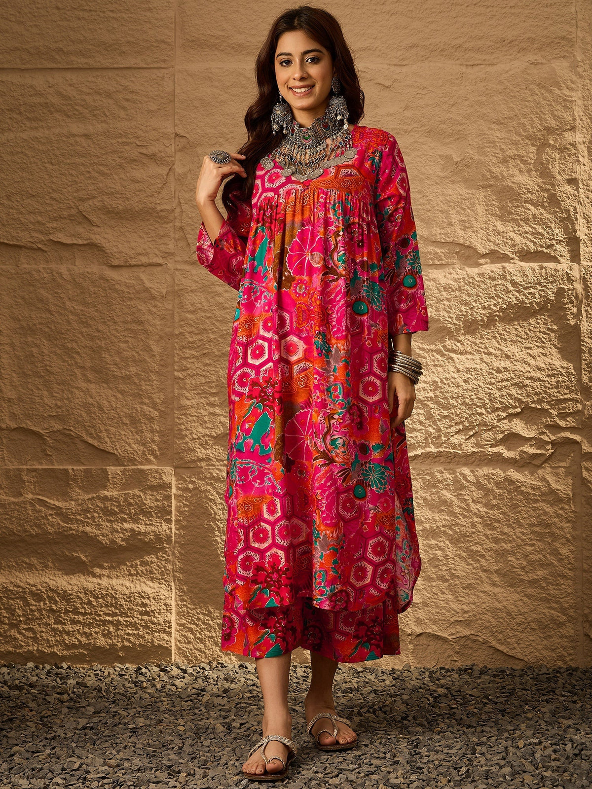 InWeave Fuchsia Orange V-Flared Kurta Set | Grocsy