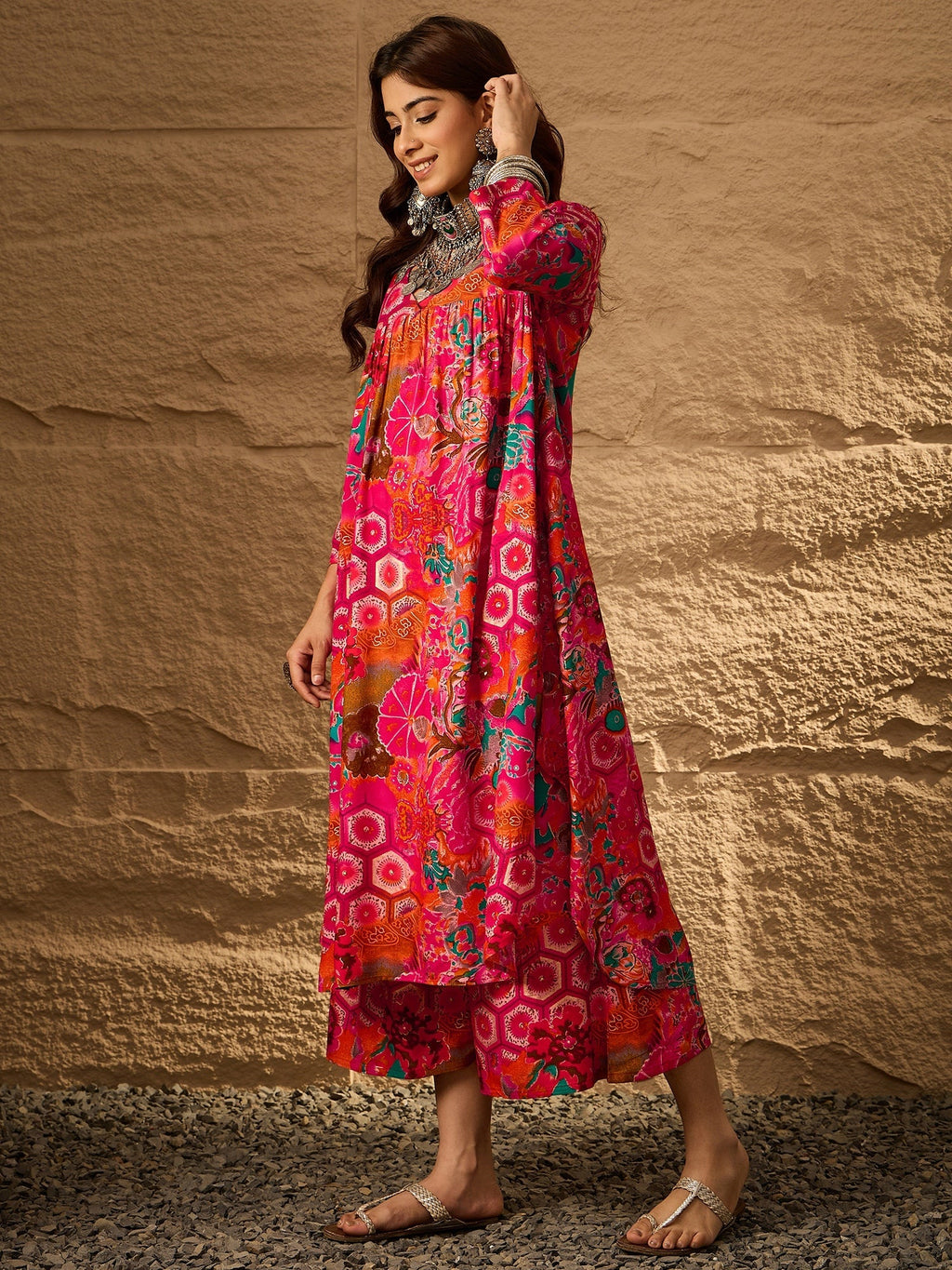 InWeave Fuchsia Orange V-Flared Kurta Set | Grocsy