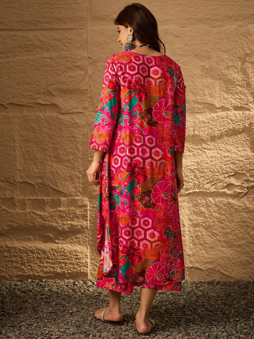 InWeave Fuchsia Orange V-Flared Kurta Set | Grocsy