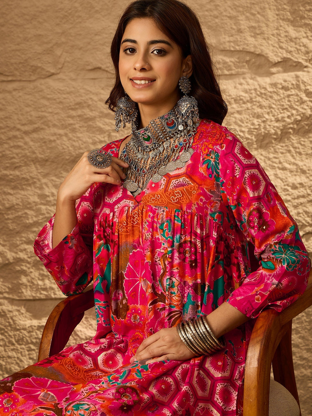 InWeave Fuchsia Orange V-Flared Kurta Set | Grocsy