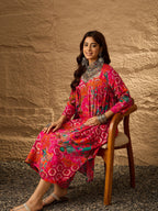 InWeave Fuchsia Orange V-Flared Kurta Set | Grocsy