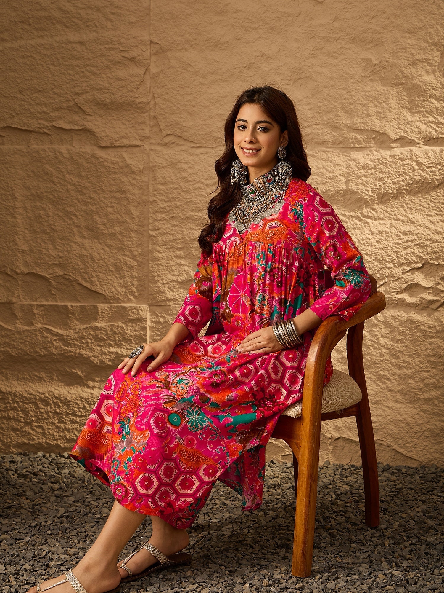 InWeave Fuchsia Orange V-Flared Kurta Set | Grocsy