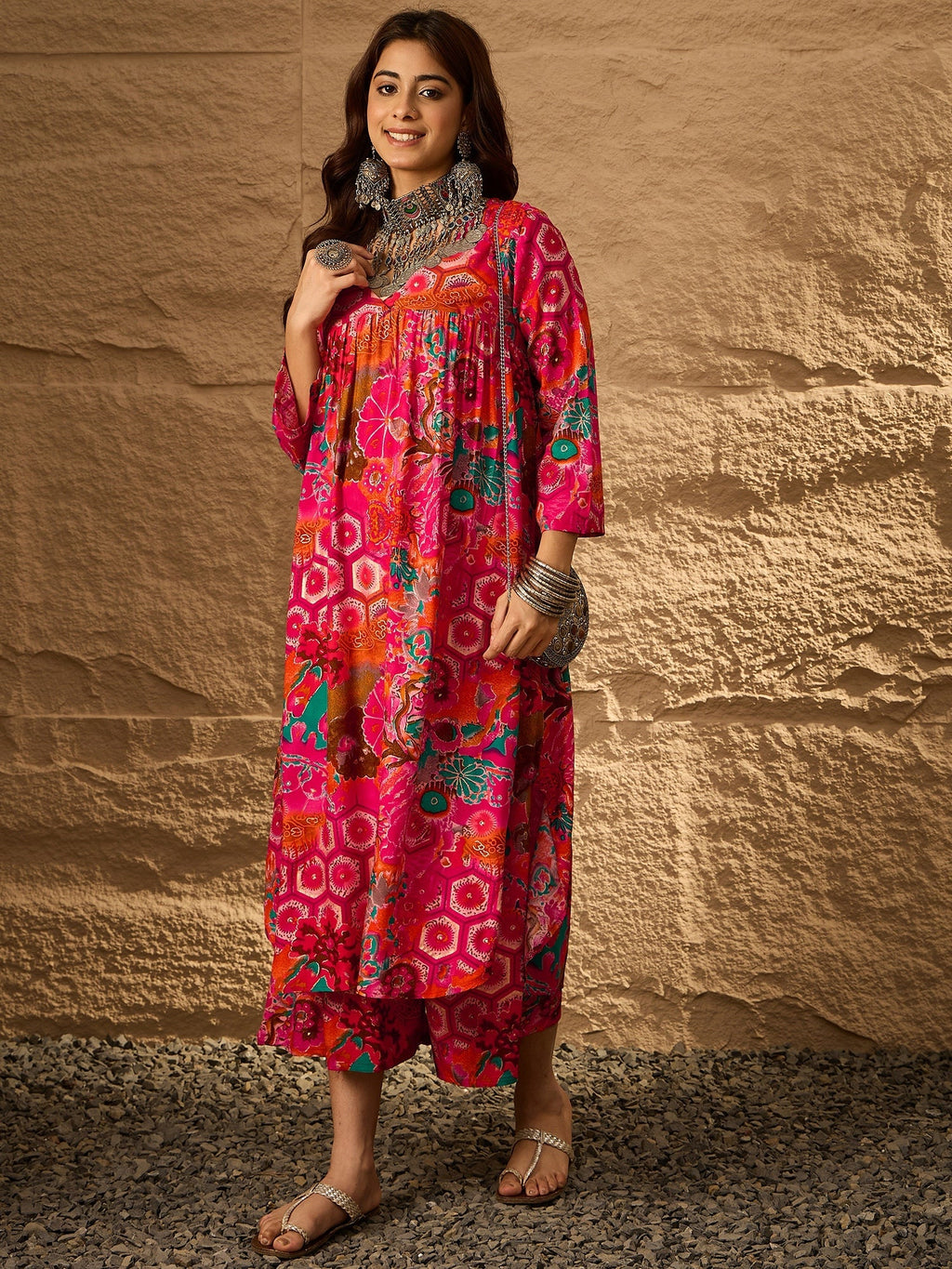 InWeave Fuchsia Orange V-Flared Kurta Set | Grocsy
