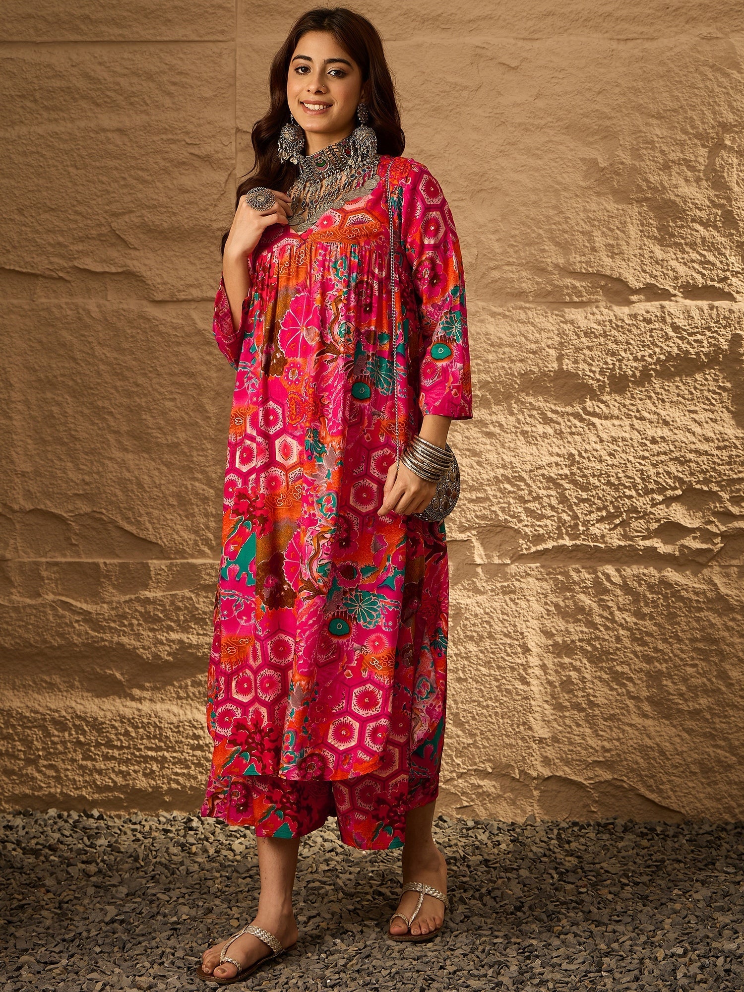 InWeave Fuchsia Orange V-Flared Kurta Set | Grocsy