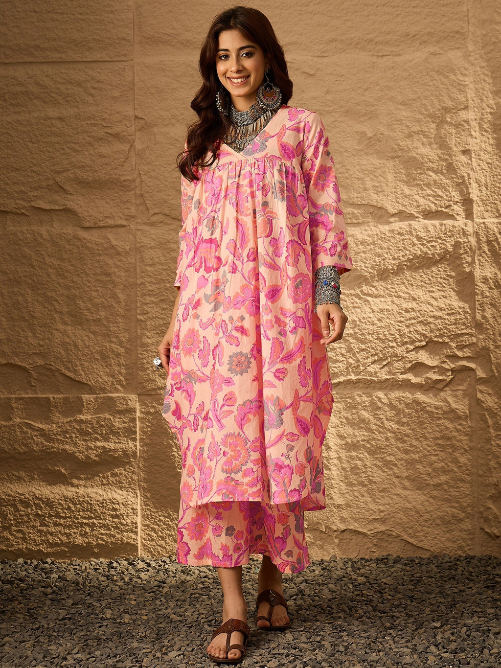 InWeave Light Peach Big V-Flared Kurta Set | Grocsy