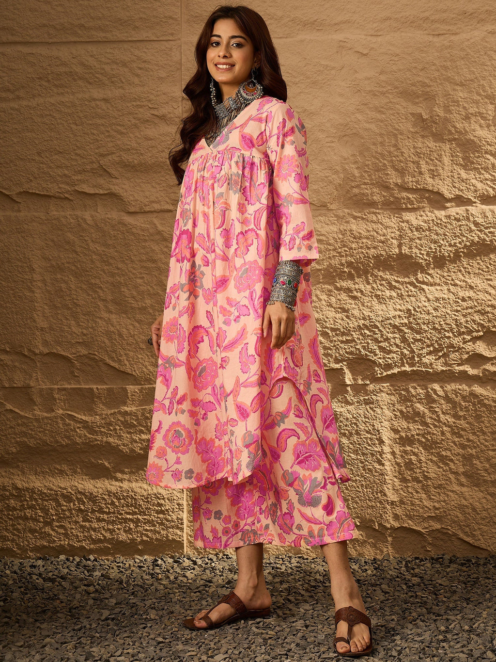 InWeave Light Peach Big V-Flared Kurta Set | Grocsy