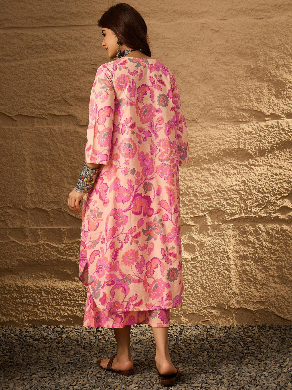 InWeave Light Peach Big V-Flared Kurta Set | Grocsy