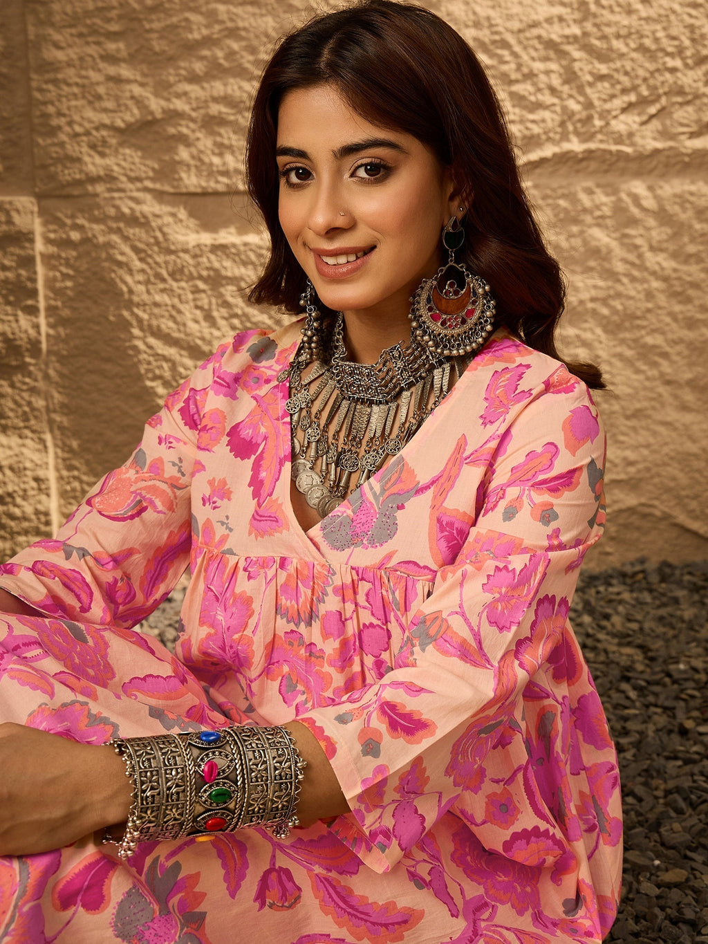 InWeave Light Peach Big V-Flared Kurta Set | Grocsy
