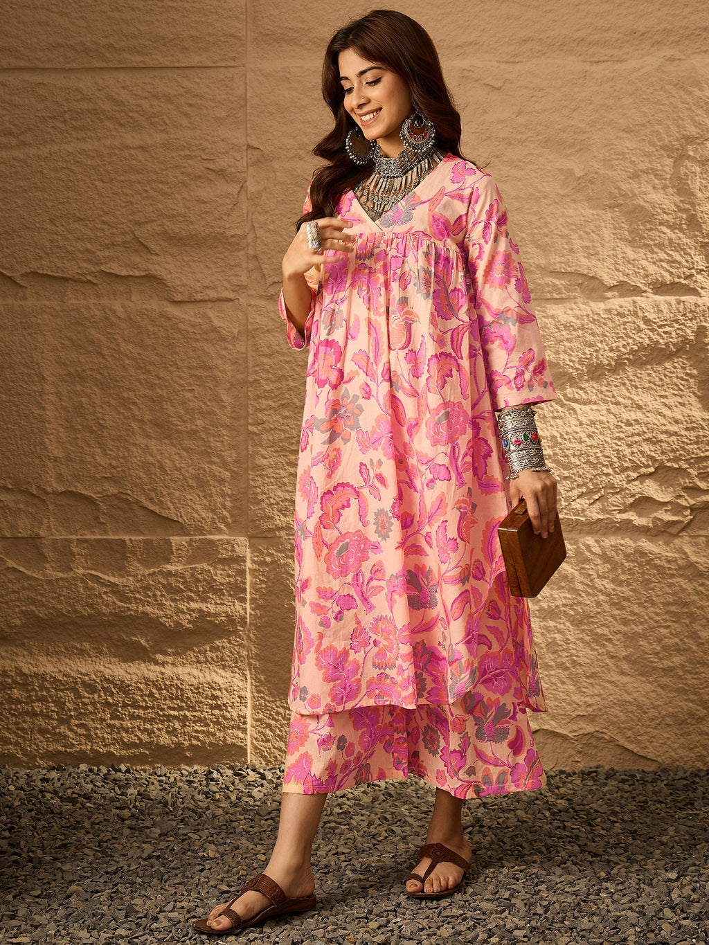 InWeave Light Peach Big V-Flared Kurta Set | Grocsy