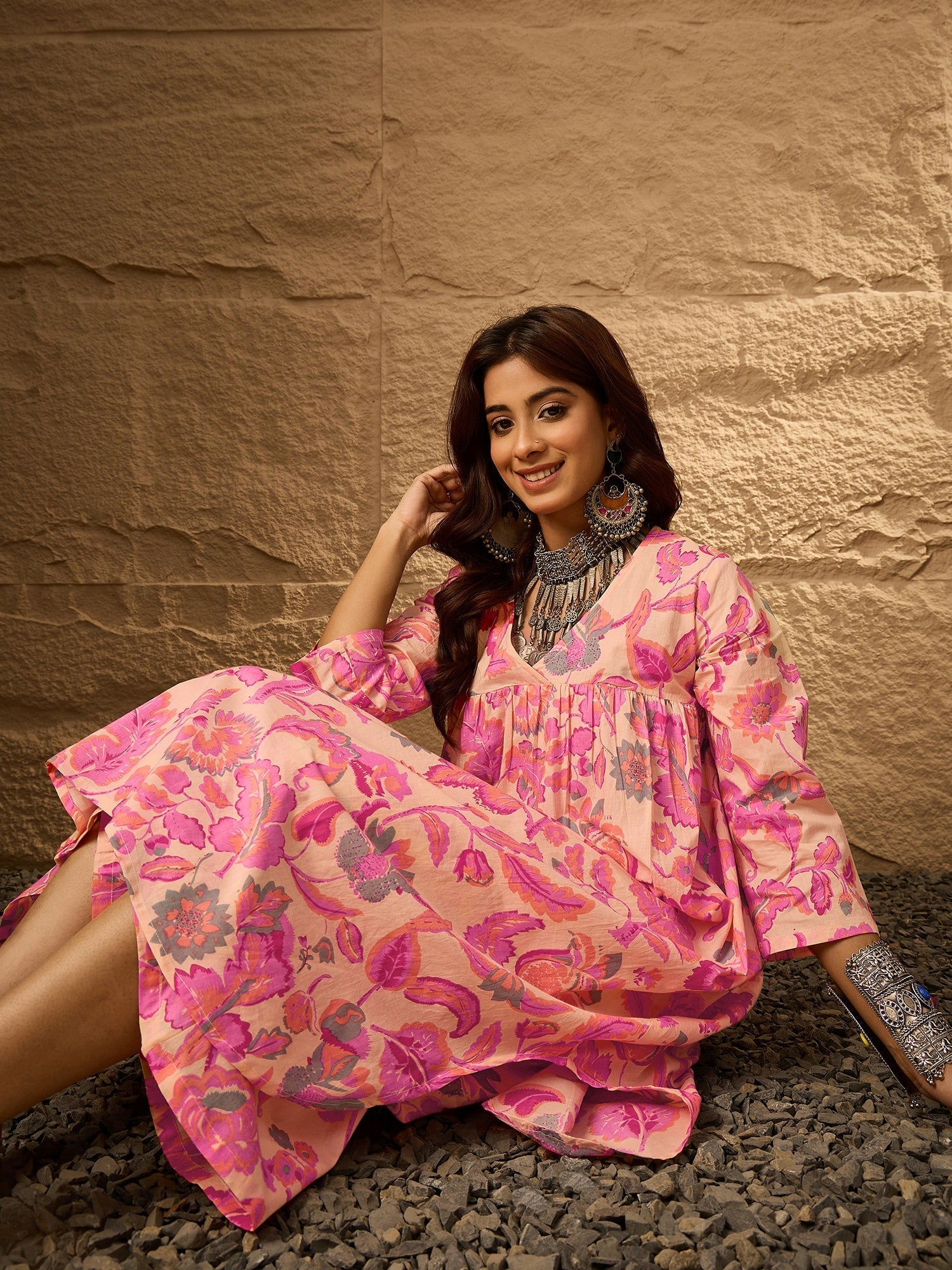 InWeave Light Peach Big V-Flared Kurta Set | Grocsy