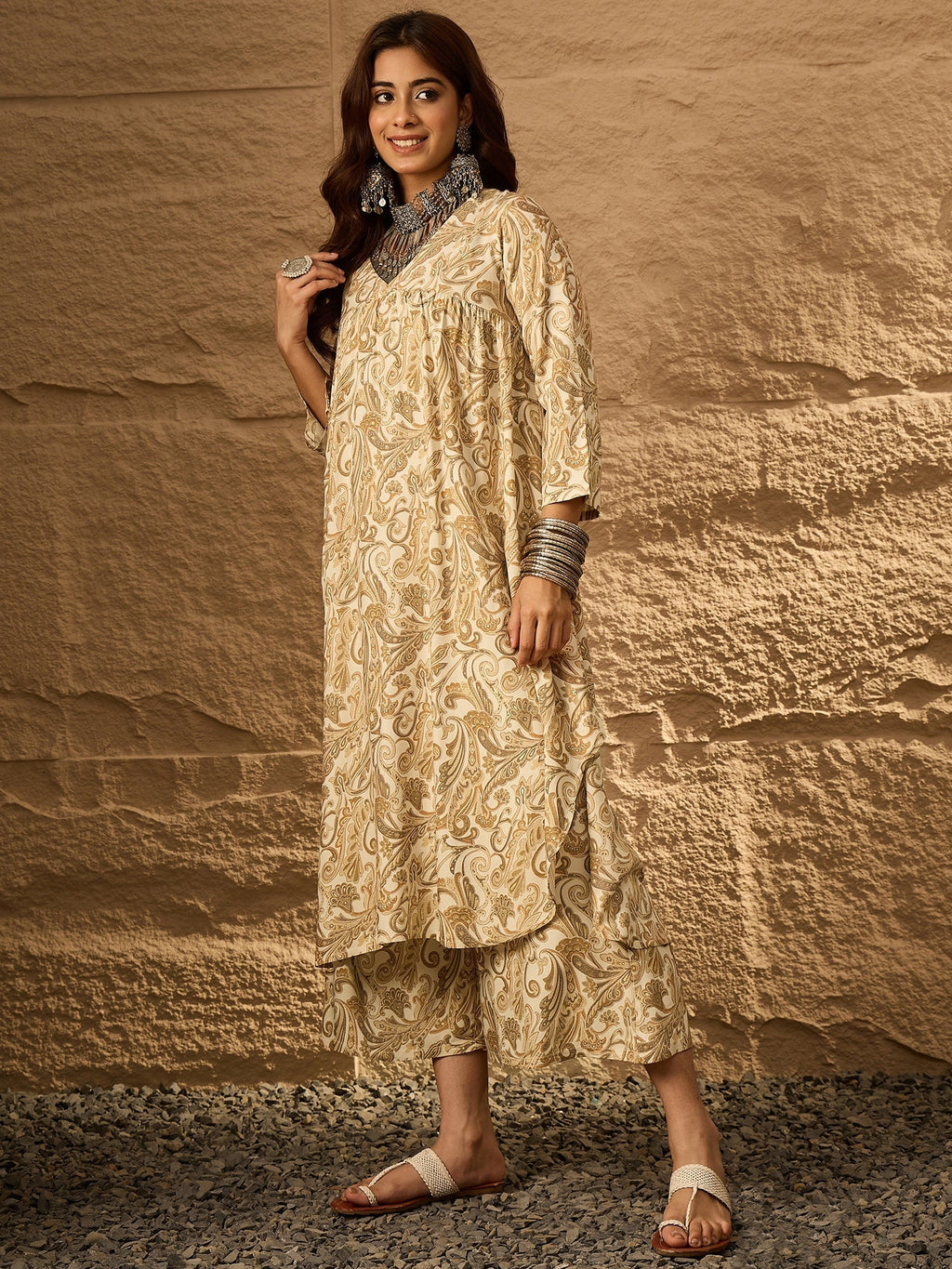 InWeave Off White Swirl V-Flared Kurta Set | Grocsy