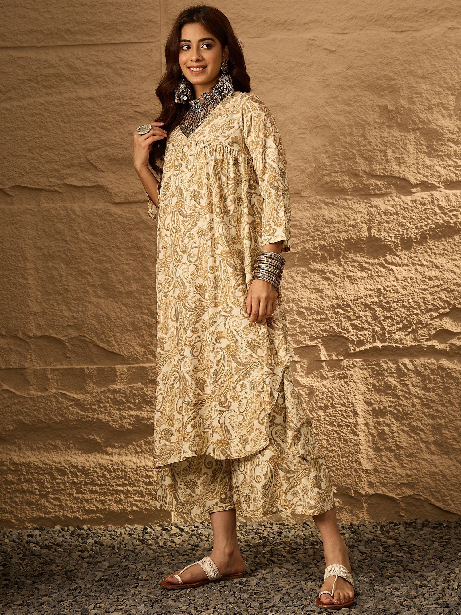 InWeave Off White Swirl V-Flared Kurta Set | Grocsy