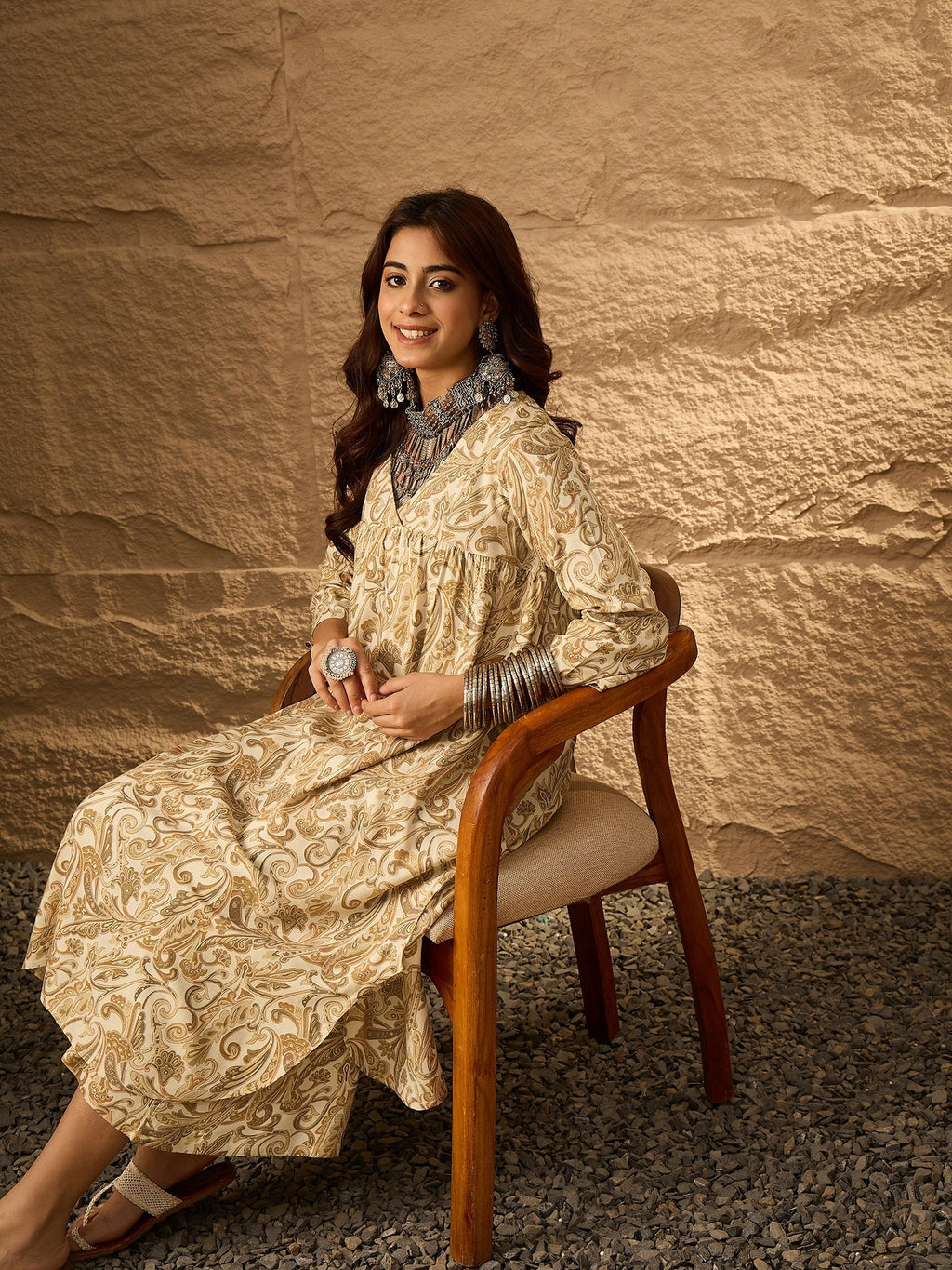 InWeave Off White Swirl V-Flared Kurta Set | Grocsy