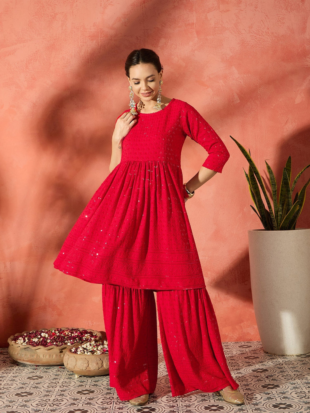 InWeave Red Chikankari Anarkali Kurta Sharara Set | Grocsy