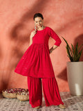 InWeave Red Chikankari Anarkali Kurta Sharara Set | Grocsy