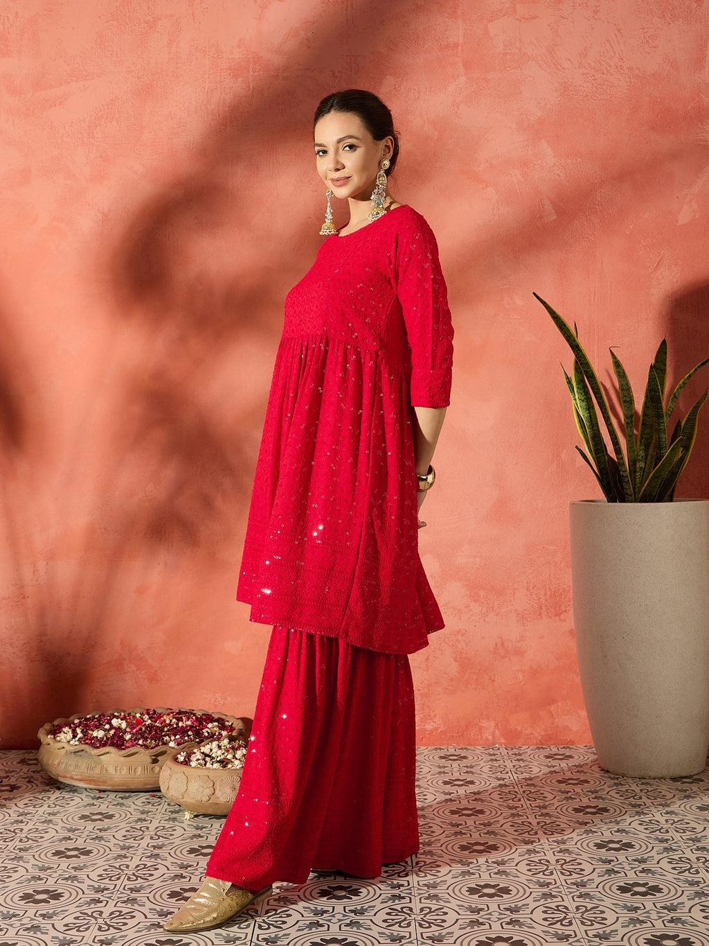 InWeave Red Chikankari Anarkali Kurta Sharara Set | Grocsy