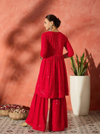 InWeave Red Chikankari Anarkali Kurta Sharara Set | Grocsy