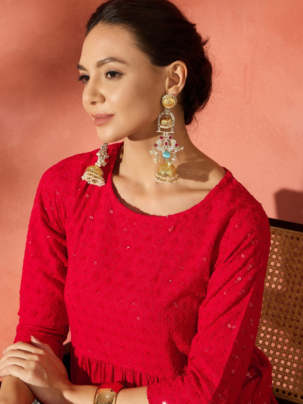 InWeave Red Chikankari Anarkali Kurta Sharara Set | Grocsy