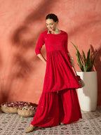 InWeave Red Chikankari Anarkali Kurta Sharara Set | Grocsy