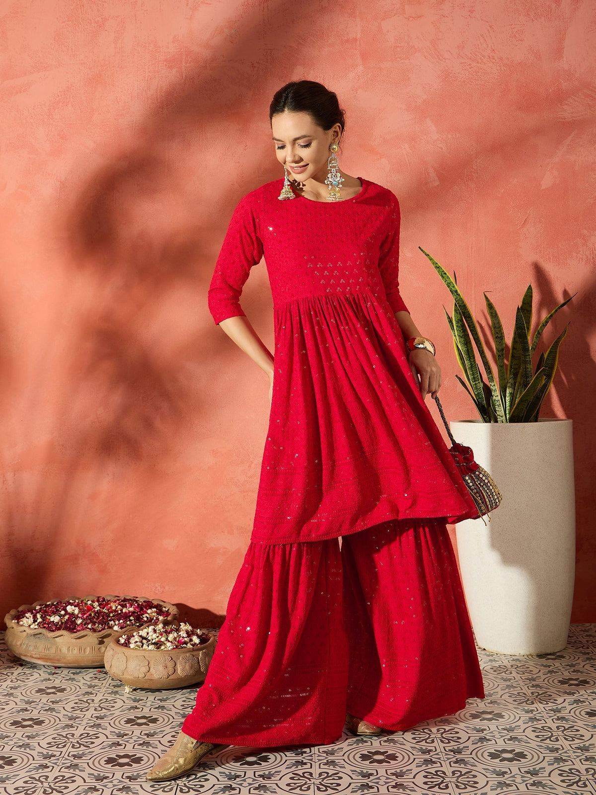 InWeave Red Chikankari Anarkali Kurta Sharara Set | Grocsy