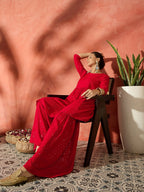 InWeave Red Chikankari Anarkali Kurta Sharara Set | Grocsy