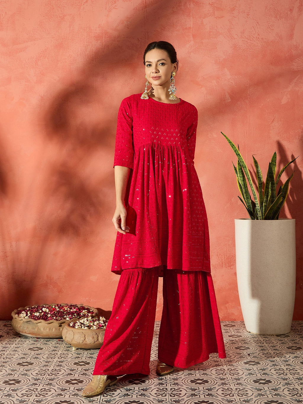 InWeave Red Chikankari Anarkali Kurta Sharara Set | Grocsy