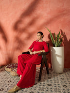 InWeave Red Chikankari Anarkali Kurta Sharara Set | Grocsy